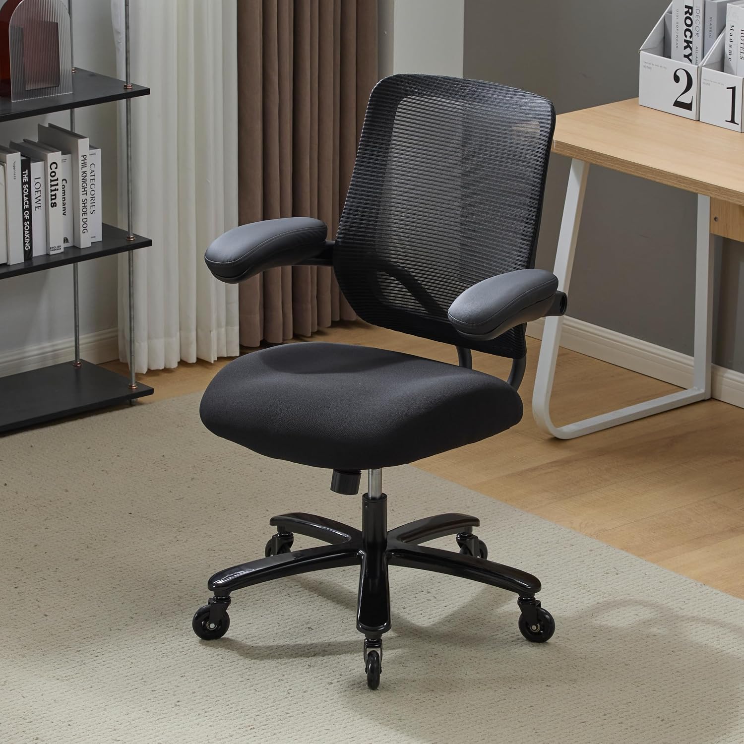 Kassipo 500LBS Big and Tall Office Chair with Flip-Up Armrests, Heavy Duty Office Chair for Heavy People, Memory Foam Seat Filling Springs, Black