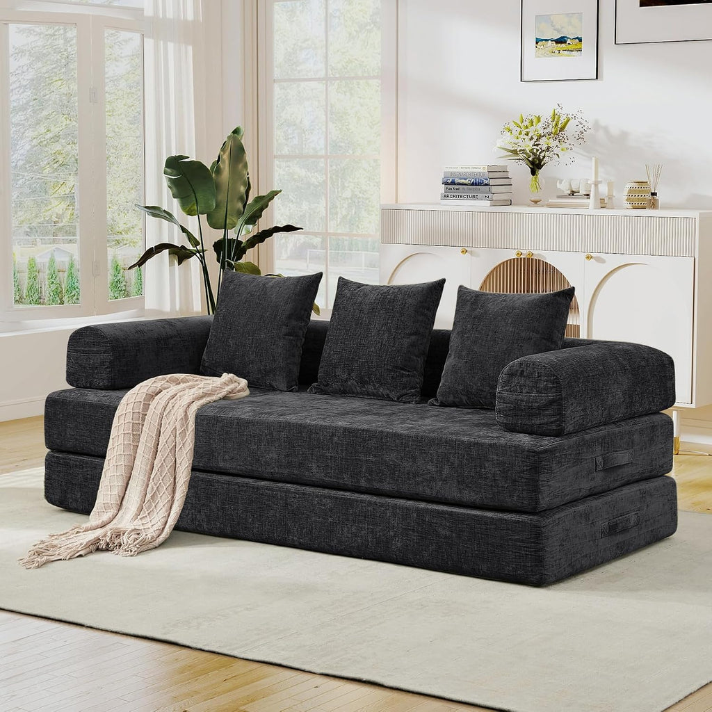 Deolme 3 in 1 Convertible Futon Sofa Bed, Modern King Size Chenille Loveseat Sleeper Sofa Folding, 3-Seater Foldable Lounger Couch Bed for Living Room, Bedroom Guest Room (Black, 3 Throw Pillows)