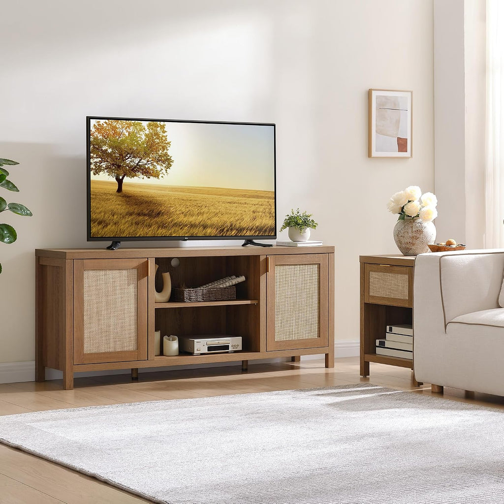 SICOTAS TV Stands for Living Room : Rattan TV Console Cabinet with Storage and Shelf, Boho Entertainment Center, 59' Media Console for 55, 65 Inch TV, 26' Tall Television Stands, Oak