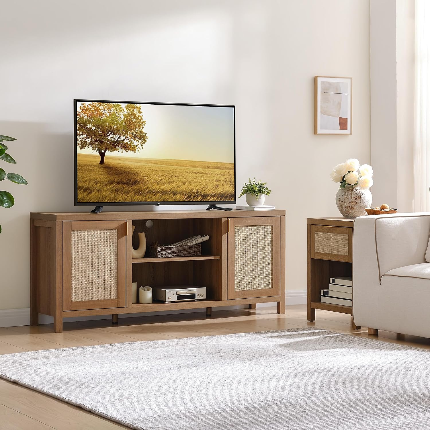 SICOTAS TV Stands for Living Room : Rattan TV Console Cabinet with Storage and Shelf, Boho Entertainment Center, 59' Media Console for 55, 65 Inch TV, 26' Tall Television Stands, Oak