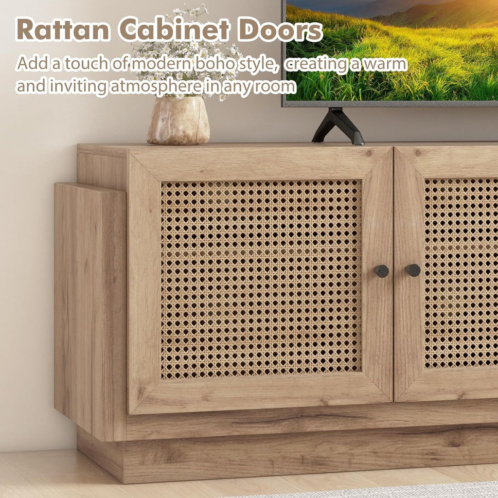 Tangkula Farmhouse TV Stand for TVs Up to 75-Inch, PE Rattan Entertainment Center with Storage and Adjustable Shelves, Mid Century Modern TV Console with 2 Cabinets and 8 Cable Holes for Living Room