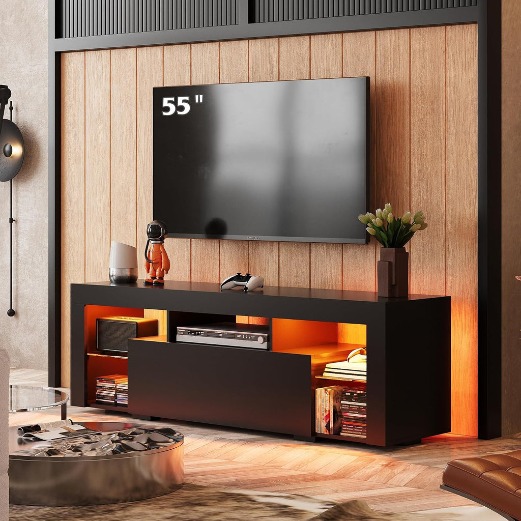 WLIVE TV Stand with LED Lights & 2 Large Storage Drawers, Modern Entertainment Center for 32/43/50/55/60 Inchs TVs, Sturdy TV Console for Living Room, Bedroom(Black)