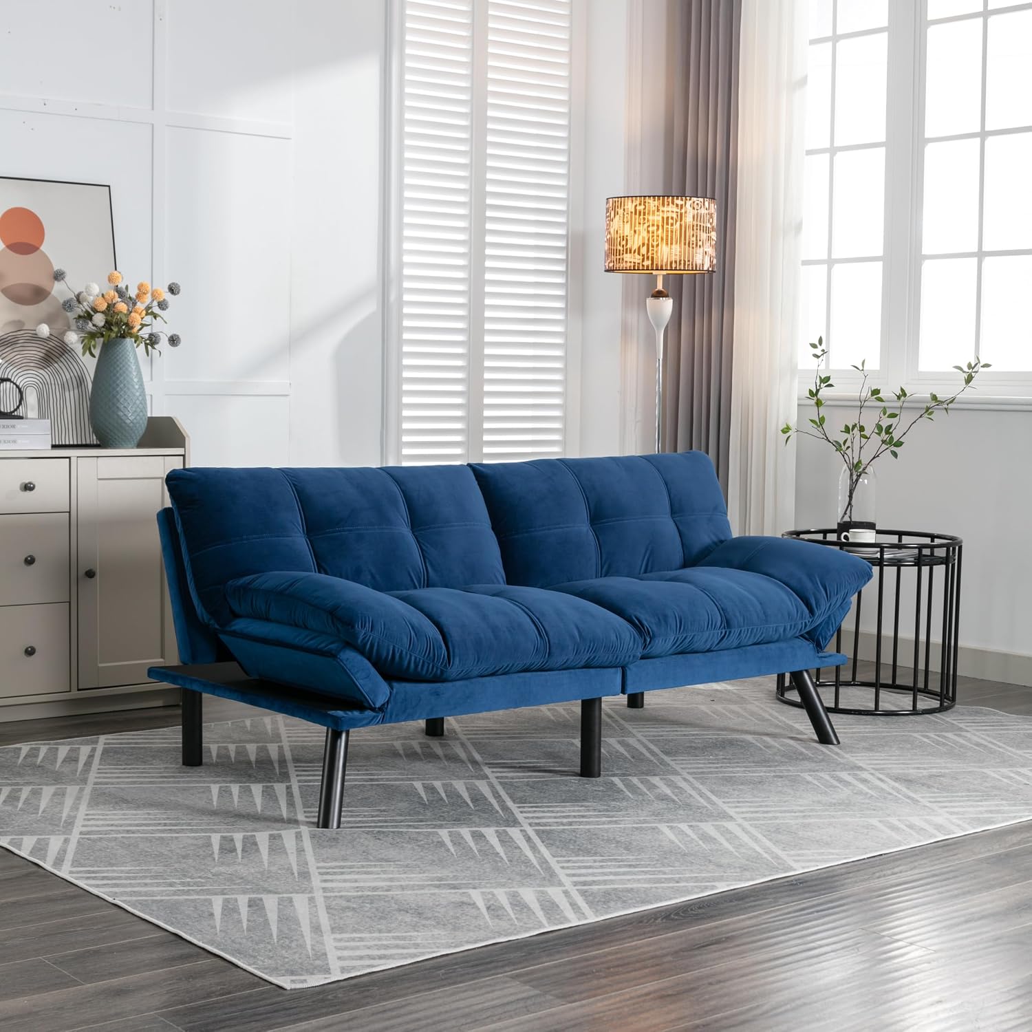 Convertible Futon Sofa Bed for Small Spaces, Modern Multi-Functional Sleeper with Adjustable Backrest, Tufted Brown Fabric Couch for Living Room, Apartment, Dorm (Navy Blue)
