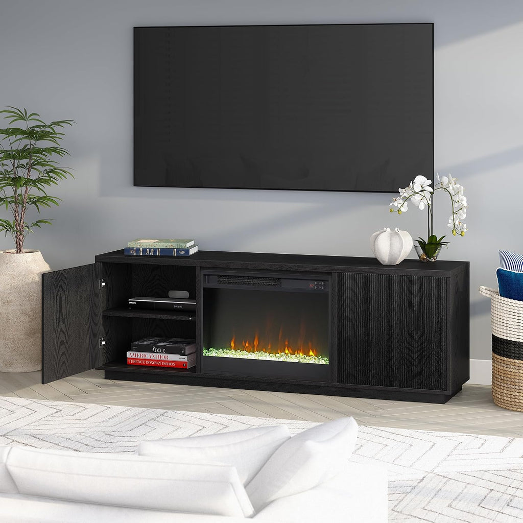 Henn&Hart Fluted TV Stand for TVs up to 75' with 26' Electric Crystal Rocks Fireplace and Ribbed Side Storage Cabinets for Living Room, Family Room, or Office, Natural Black