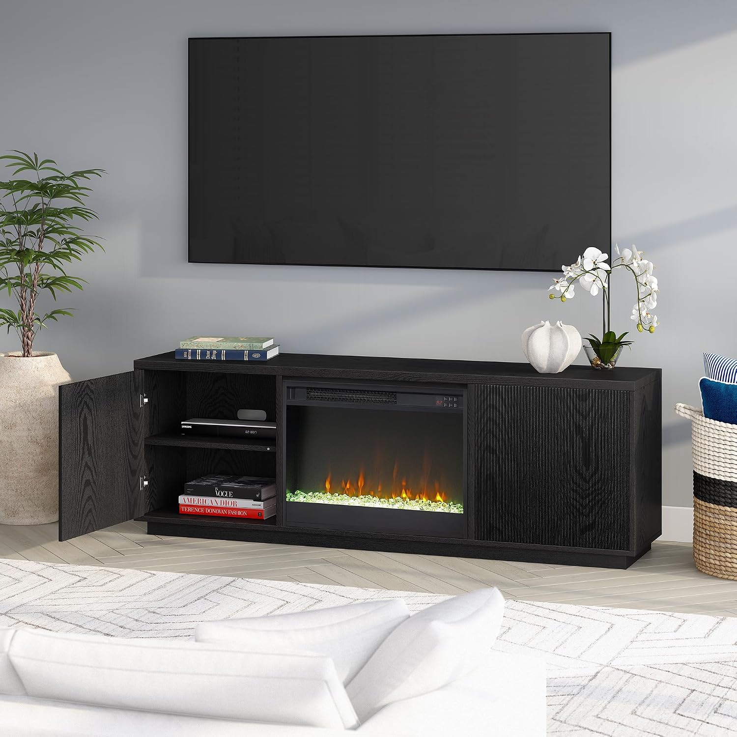 Henn&Hart Fluted TV Stand for TVs up to 75' with 26' Electric Crystal Rocks Fireplace and Ribbed Side Storage Cabinets for Living Room, Family Room, or Office, Natural Black