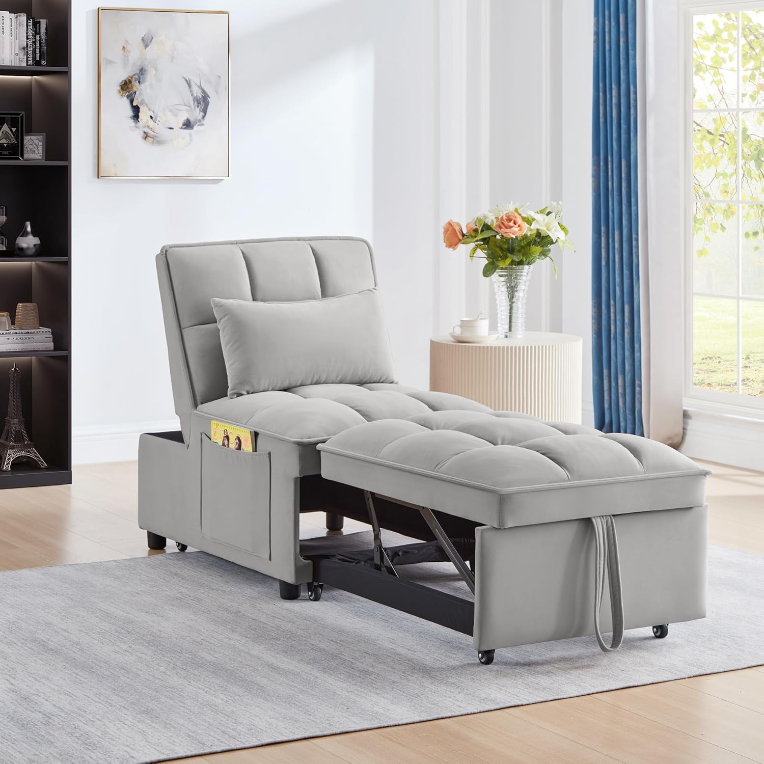 YOPTO Multi-Function Convertible Single Sleeper Sofa Bed with Storage Pockets,Velvet Tufted Pull-Out Couch Bed 4in1 W/Adjustable Backrest & Pillows,Chaise Lounge for Living Room,Small Space,Gray