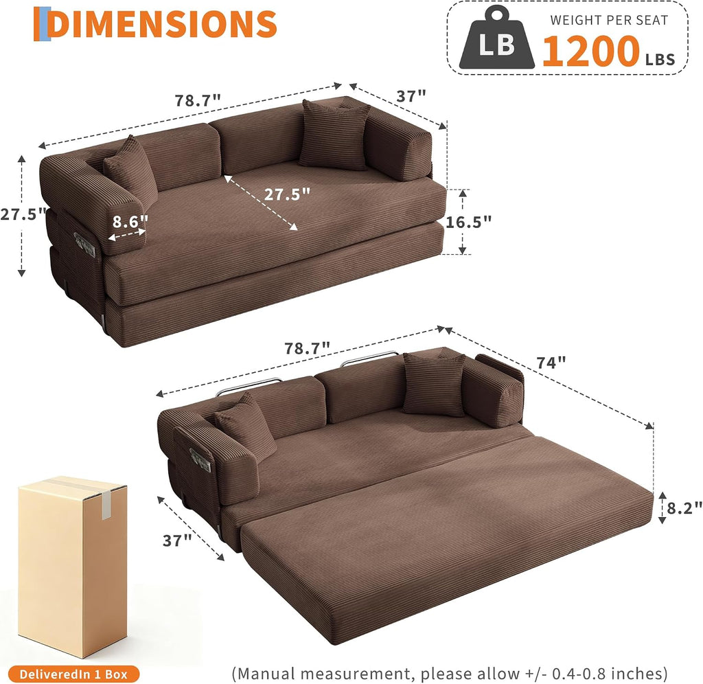 Garvee 5-in-1 Convertible Sofa Bed, 78.8' Modular Corduroy Sleeper with Sturdy Frame & No Assembly, Multi-Functional Futon for Small Space, Living Room & Guest Room (Brown)