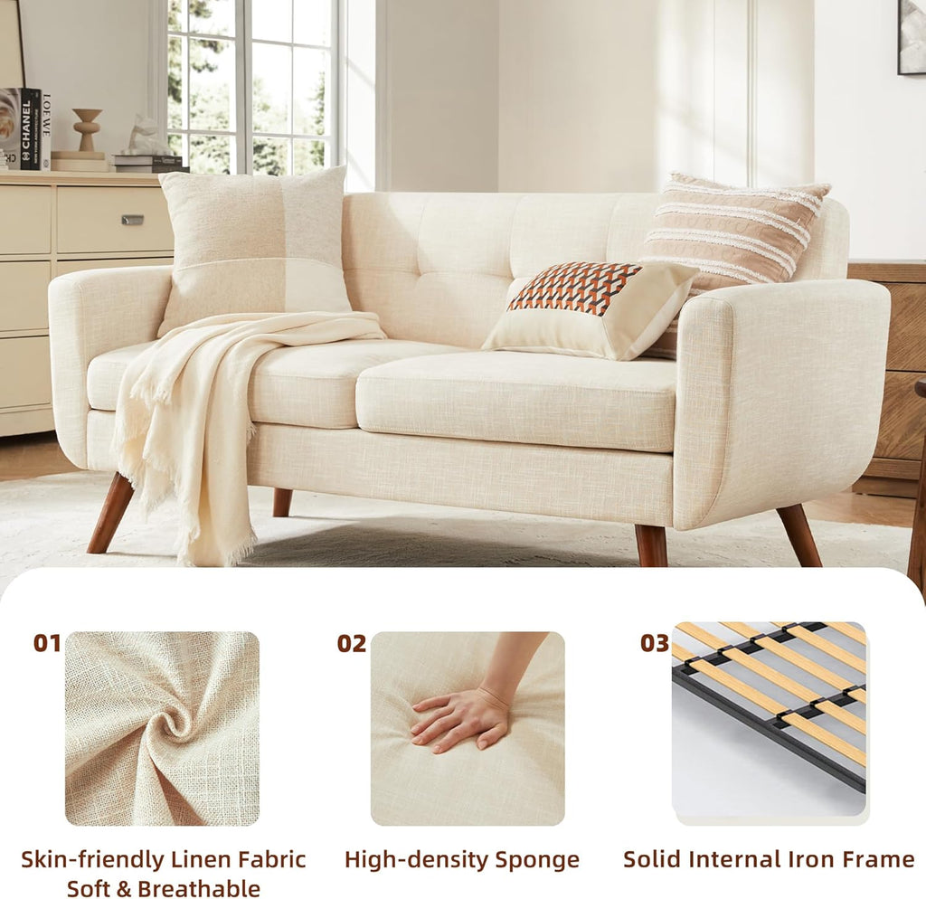 Tbfit 65' W Loveseat Sofa, Mid Century Modern Decor Love Seat Couches for Living Room, Button Tufted Upholstered Small Couch for Bedroom, Solid and Easy to Install Love Seats Furniture, Beige