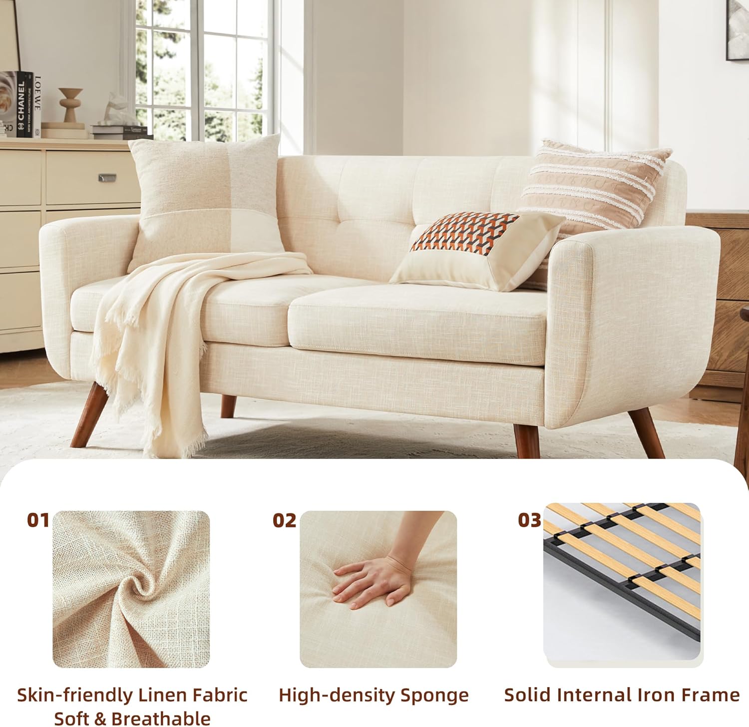 Tbfit 65' W Loveseat Sofa, Mid Century Modern Decor Love Seat Couches for Living Room, Button Tufted Upholstered Small Couch for Bedroom, Solid and Easy to Install Love Seats Furniture, Beige