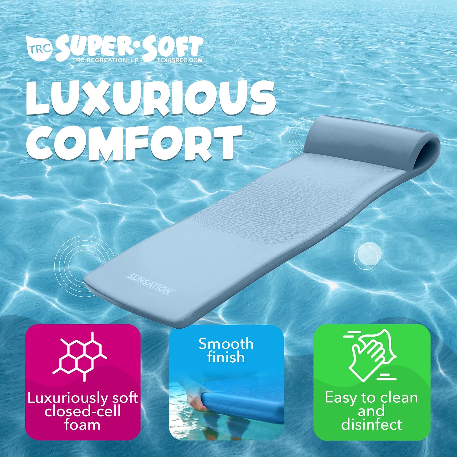 TRC Recreation Sunsation Thick Foam Pool Float Lounger w/Headrest for Lounging & Sunbathing in Swimming Pools, Beaches & Lakes