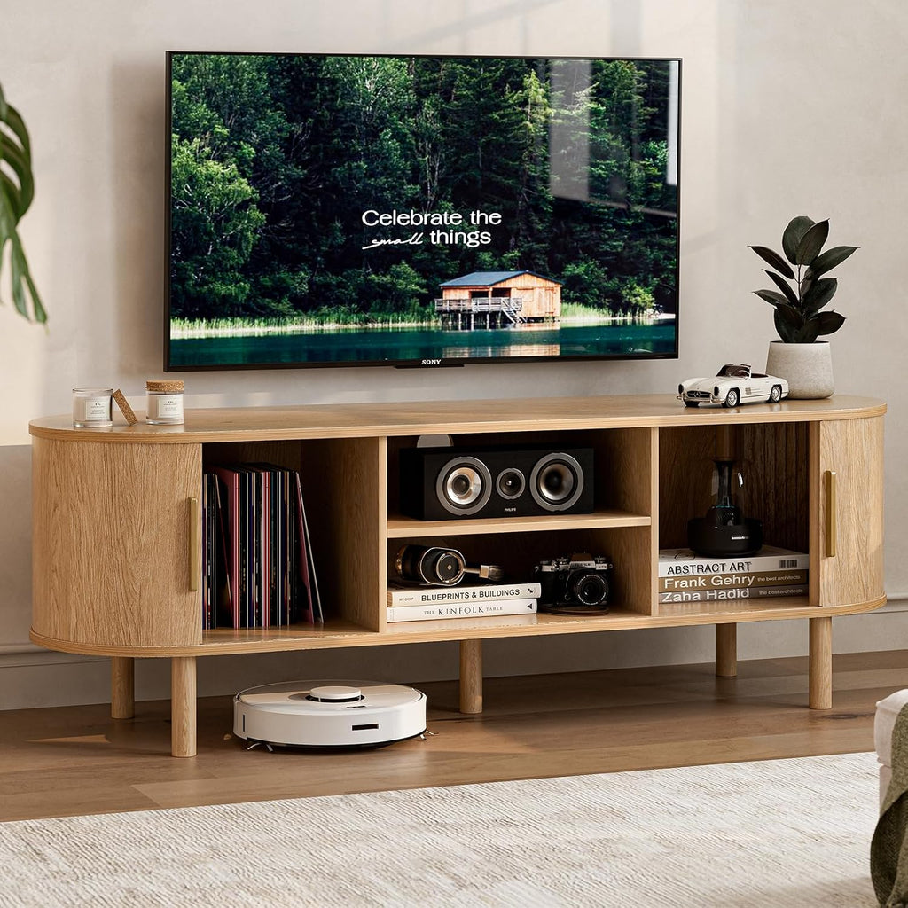 ZttRiee TV Stand for TVs up to 60 Inch, Entertainment Center with Sliding Doors and Adjustable Shelf, Modern TV Console with Storage for Living Room, Bedroom, Natural