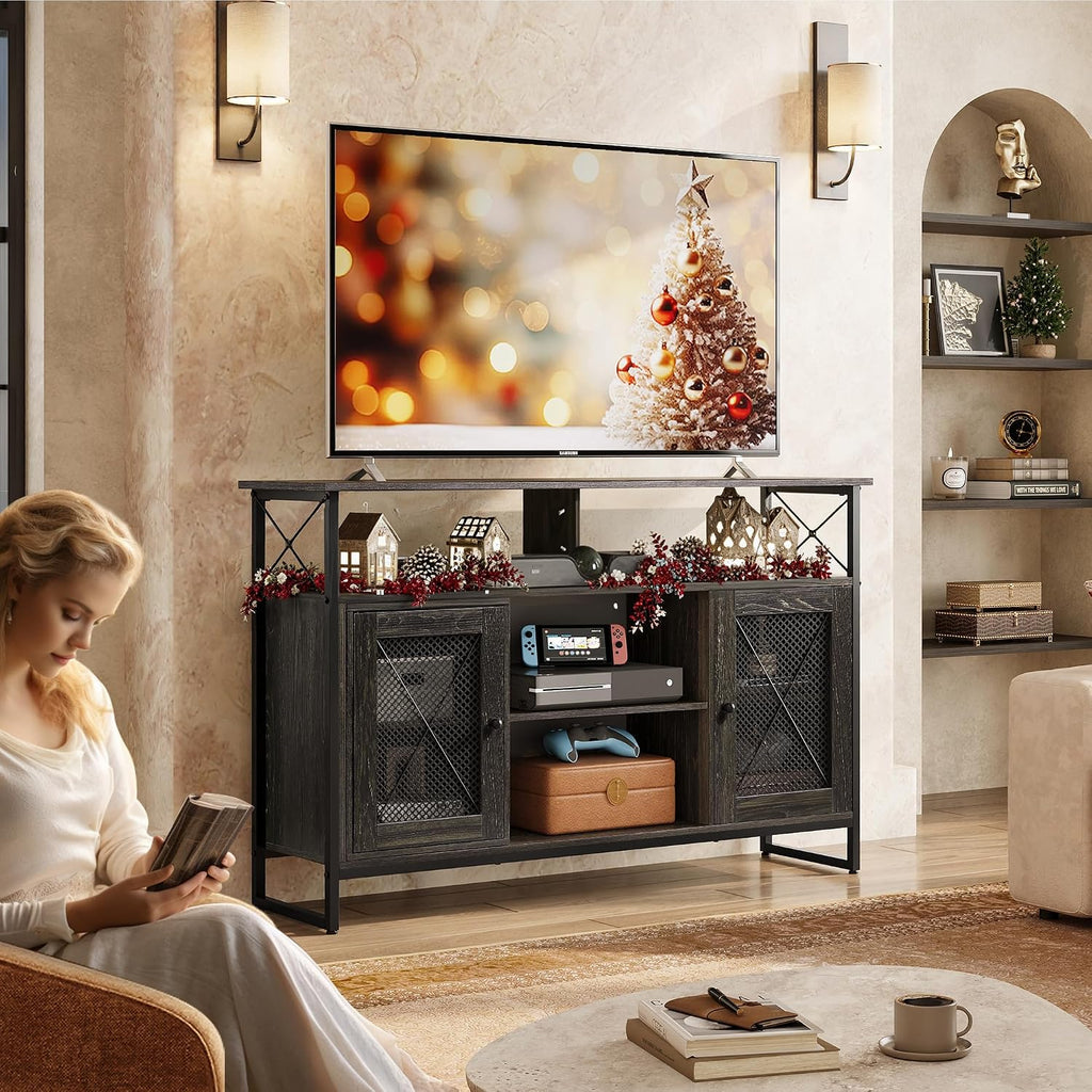 WLIVE TV Stand 55 inch TV,Tall Entertainment Center with Storage, Farmhouse Industrial TV Console for Bedroom Living Room, Charcoal Black