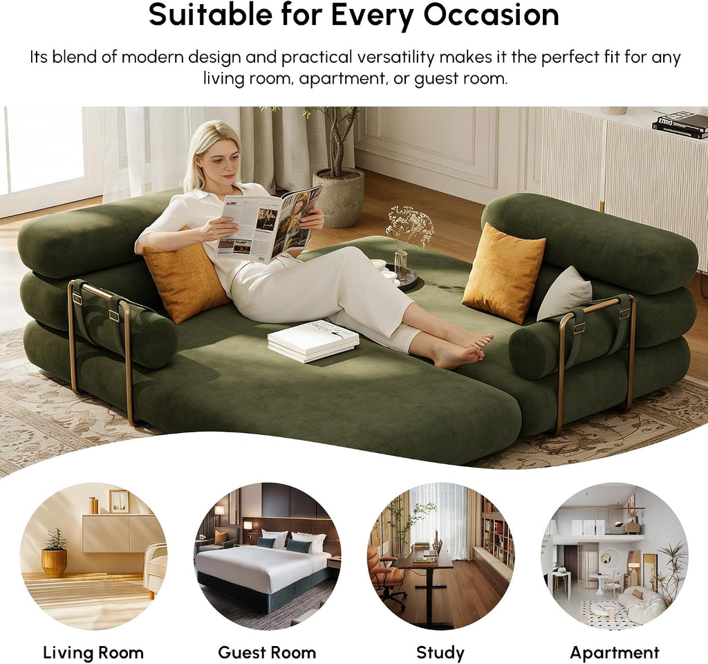 homary Velvet Futon Sofa Bed 81' 3-Seater Convertible Couch with Detachable Pillows, Stainless Steel Legs, Modern Sleeper Sofa for Living Room & Apartment (Evergreen)