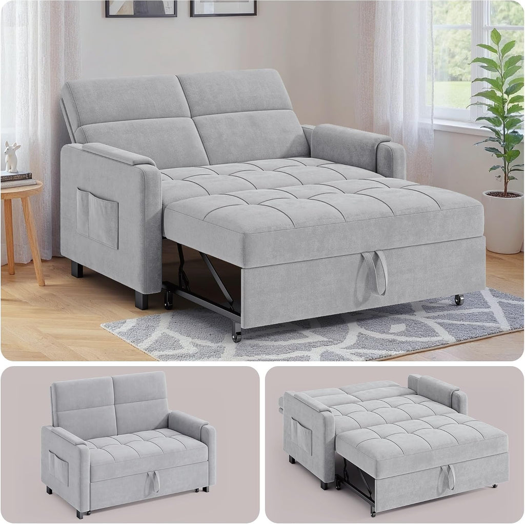 Gizoon Convertible Sofa Bed, 3-in-1 Pull Out Couch, 5-Position Adjustable Backrest & Side Pockets, Modern Small Loveseat Sleeper Sofa for Living Room, Apartment, Dorm, Studio, Guest Room, Light Grey