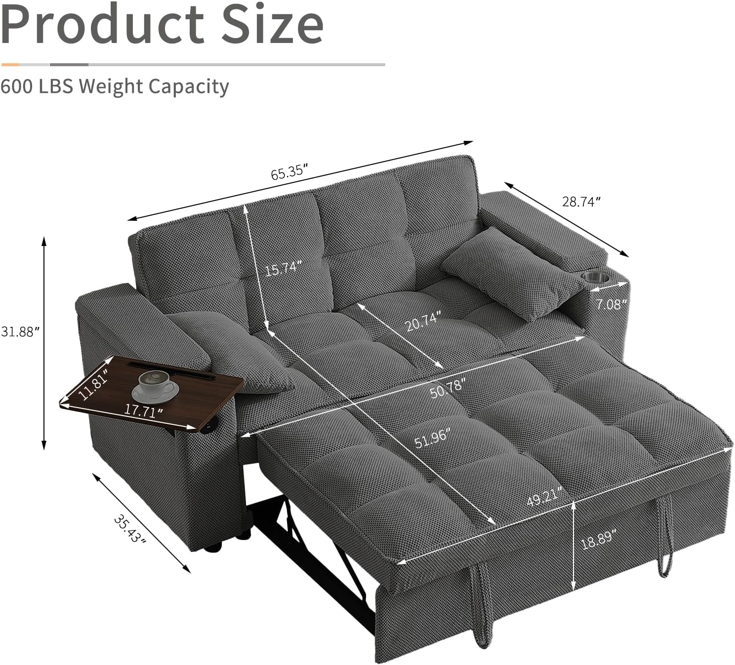 hansones 65'' 3-in-1 Folding Convertible Sofa Bed, Queen Size Pullout Sofa, Modern Chenille Fabric, 360° Swivel Side Table, Easy Assembly, Perfect for Living Room