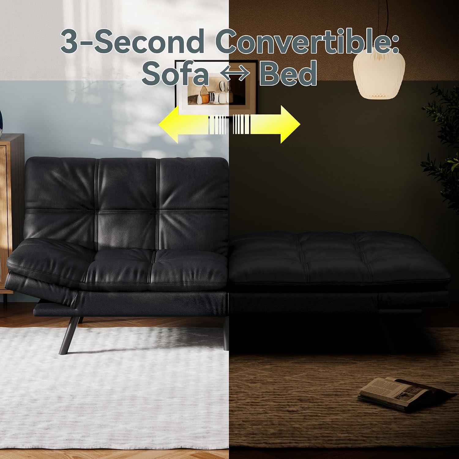 Vyfipt Convertible Futon Sofa Bed, Black Faux Leather Futon Couch with Adjustable Backrest & Armrests, Folding Small Recliner Sleeper Sofa Bed for Living Room, Apartment, Office