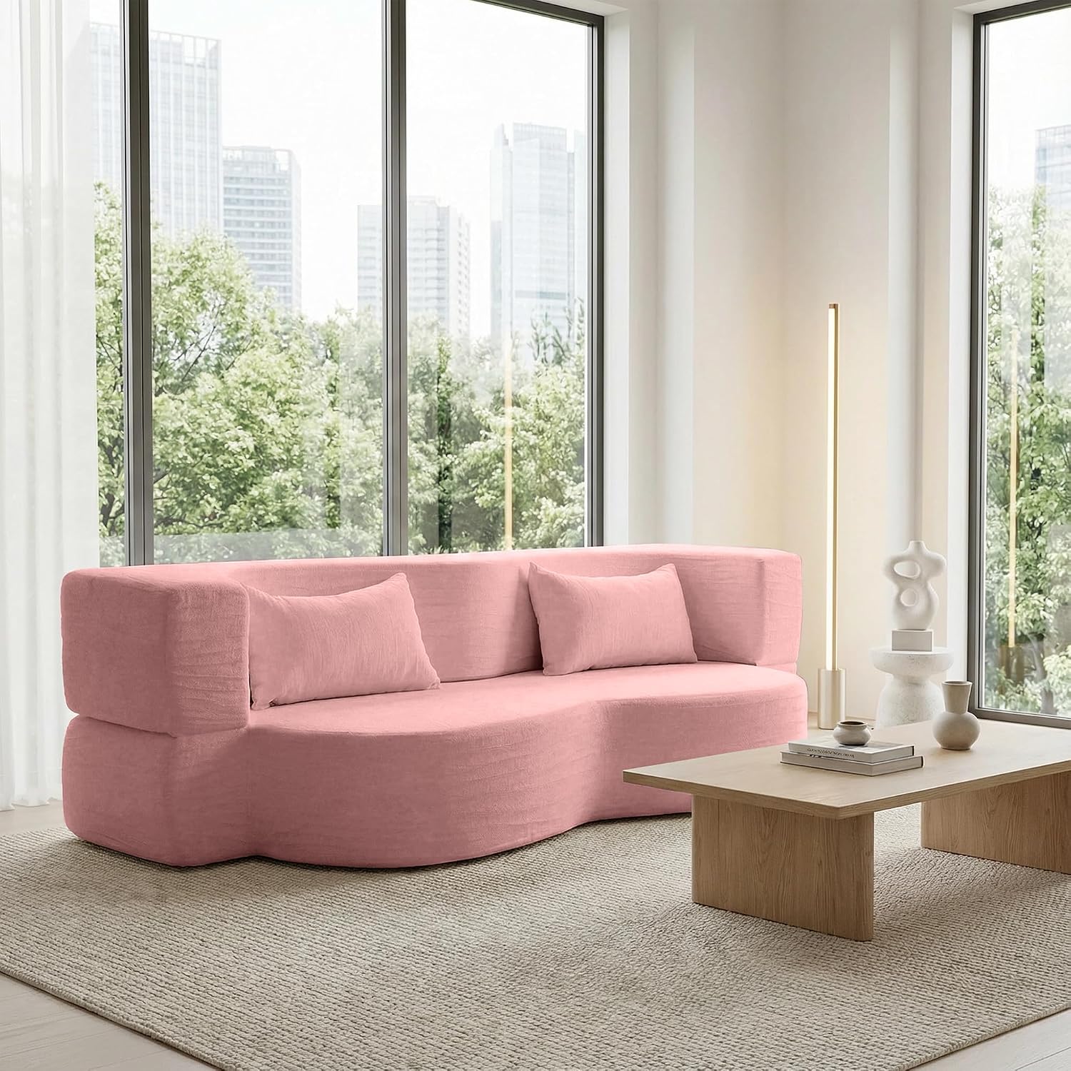 2-in-1 Convertible Sofa,78 Inch Pull Out Sofa Folding Sofa Bed with 2 Pilow Lazy Sofa, Teddy Loveseat Sleeper Floor Sofa for Apartment Children's Room Bedroom Living Room (Teddy, Pink)