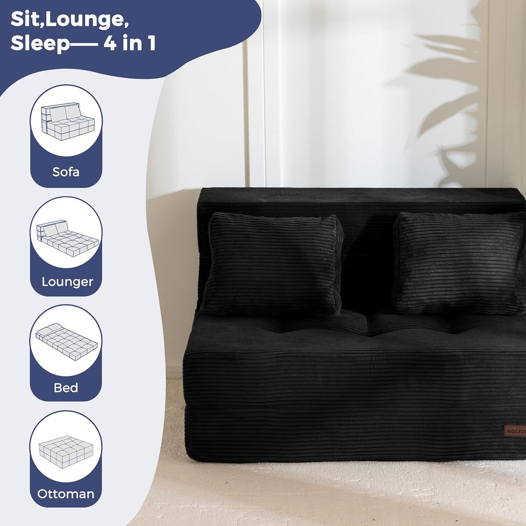 MAXYOYO Convertible Sofa Bed, Fold Out Sleeper Sofa with Pillow, 4 in 1 Tufted Folding Couch Bed Foam Floor Couch, Lazy Chair for Living Room Bedroom Guest Room, Black