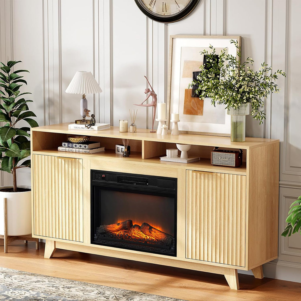 VINGLI Fluted Fireplace TV Stand for up to 70 inch TVs, Entertainment Center with Electric Fireplace Heater & Adjustable Shelves ＆ Open Cabinet, Fireplace Media Console Table for Living Room, Oak