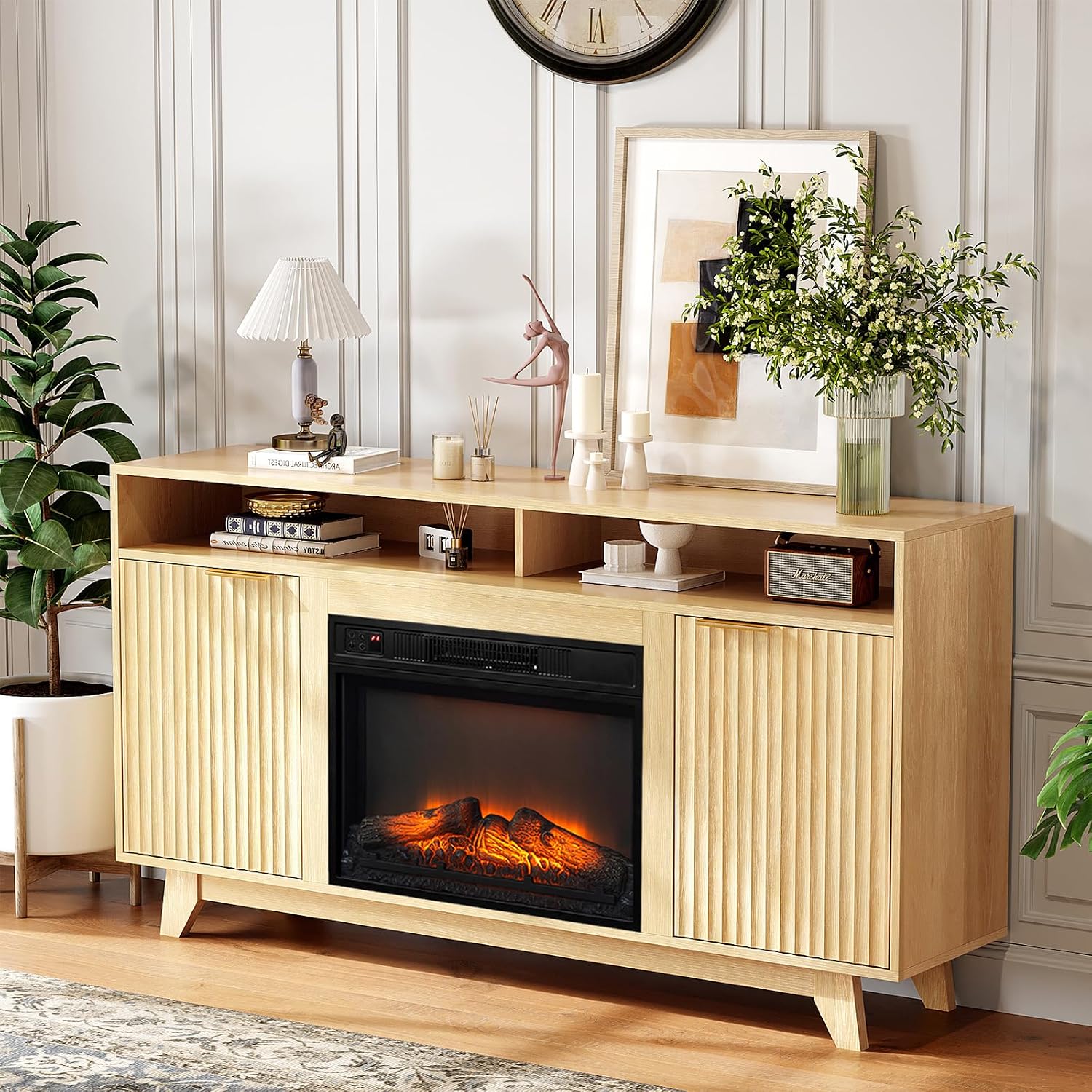 VINGLI Fluted Fireplace TV Stand for up to 70 inch TVs, Entertainment Center with Electric Fireplace Heater & Adjustable Shelves ＆ Open Cabinet, Fireplace Media Console Table for Living Room, Oak