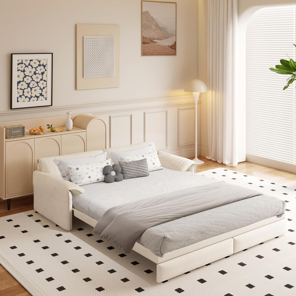 3 in 1 Convertible Queen Sleeper Sofa Bed Comfy Pull Out Futon Couch Bed 66' Modern Velvet Recliner Loveseat Sofa Multi-Functional Beige Cloud Couch for Living Room,Apartment,Office (Beige 66')