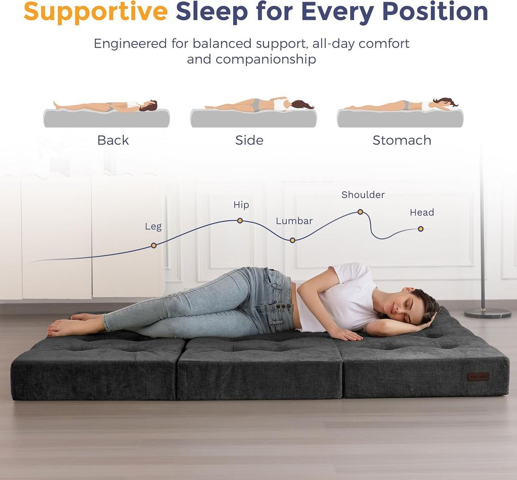 MAXYOYO 6' Folding Sofa Bed for Floor, Tufted Tri-Fold Floor Mattress with Chenille Fabric, Full Size Portable Sofa Couch Guest Mat for Adults, Foldable Topper for Camping, Dark Grey, 53'x75'