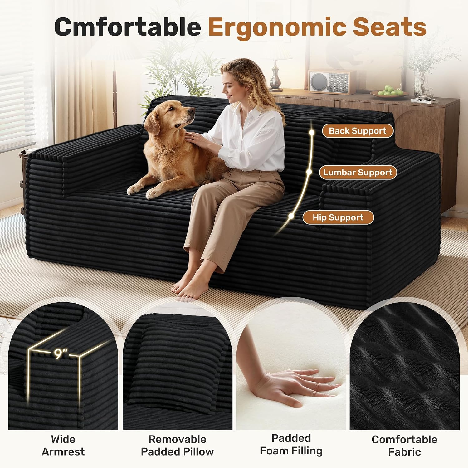 75'' Modern Cloud Loveseat Sofa Set of 2, No Assembly Required Comfy Deep Seat Couches 2 pcs for Living Room, Bedroom, Apartment (Corduroy-Black)