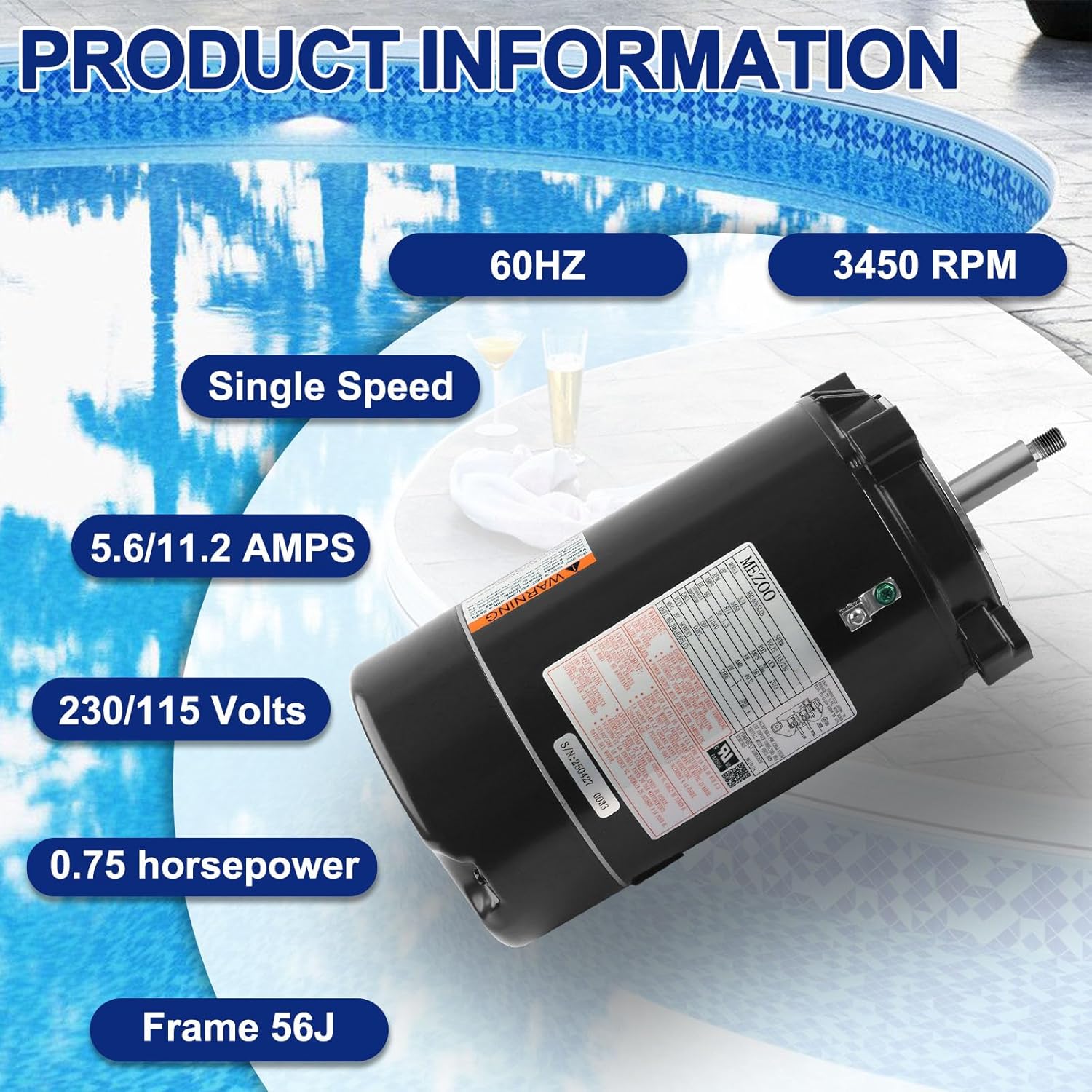 UST1072 3/4 Horsepower Swimming Pool Pump Motor Replacement for Hayward Super, 115/230V, Max Flow, Northstar & Jacuzzi Magnum Pump, Single Speed Round Flange Pool Motor