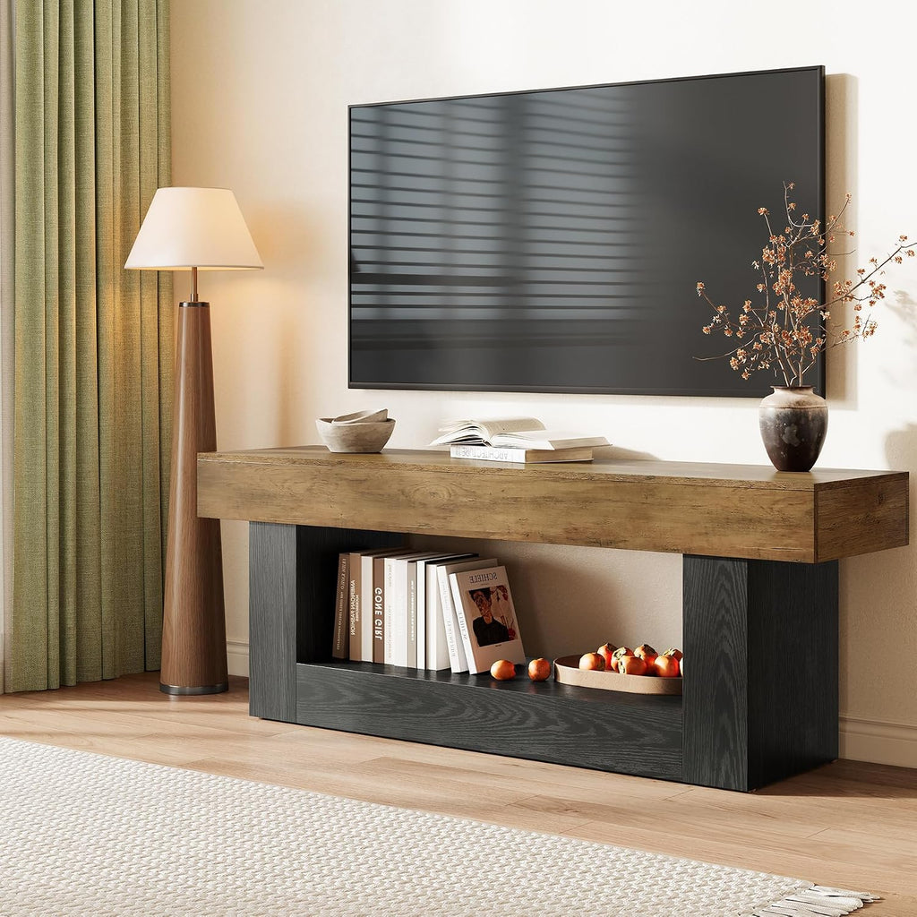 LITTLE TREE 63 Inches Long TV Stand for TVs Up to 70 Inches, Modern Television Stand for Living Room, Entertainment Center with U-Shaped Pedestal & Open Storage Shelf, Media TV Console, Brown & Black