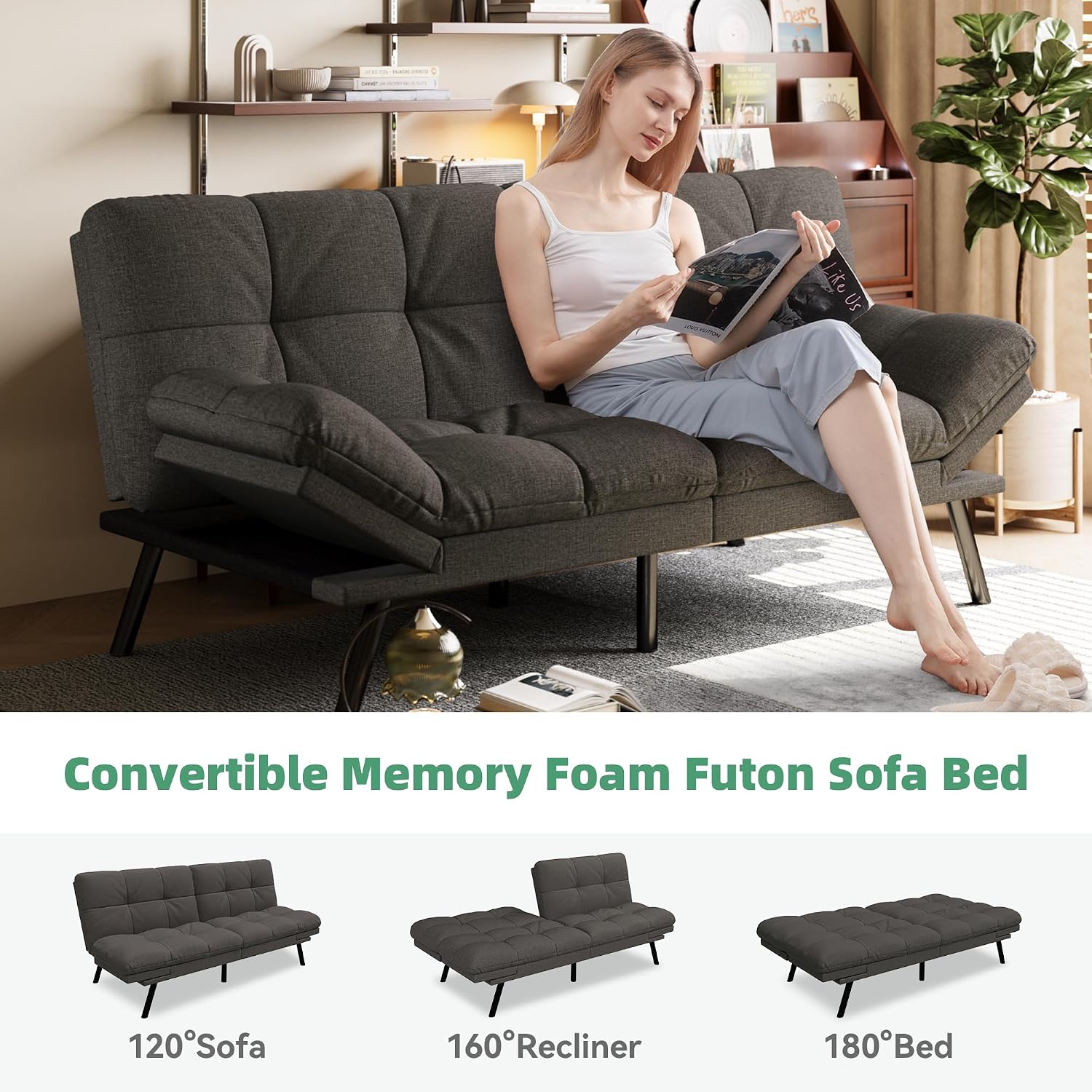 Opoiar Convertible Futon Sofa Bed,71' Memory Foam Futon Couch,Detachable Cushion,Adjustable Backrest & Armrest,Linen Modern Loveseat Sleeper Recliner for Living Room,Office,Apartment,Retro Grey