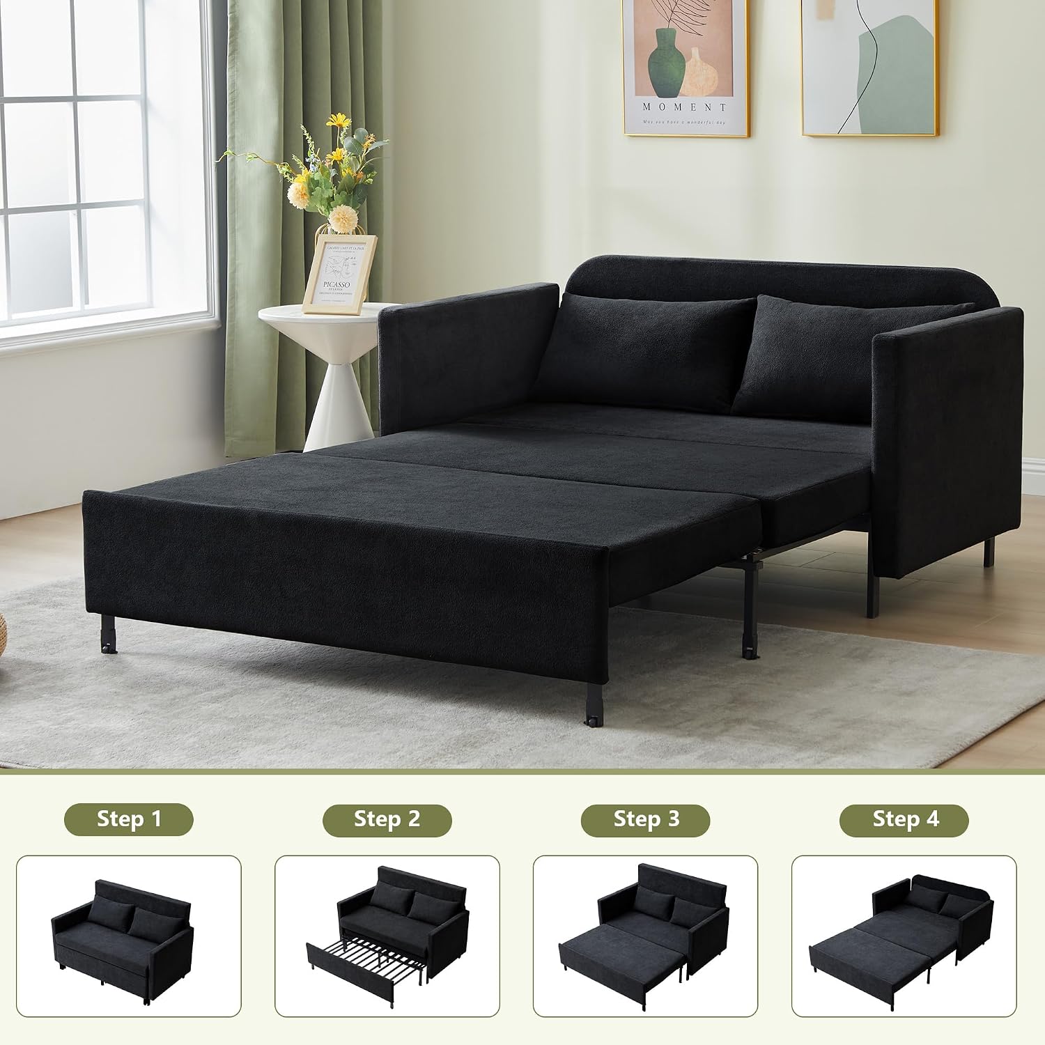 51'' Small Pull Out Sofa Bed, 3-in-1 Convertible Sleeper Couch Bed, Chenille Futon Sleeper Sofa with Side Table and 2 Pillows, Modern Loveseat Couch for Living Room, Bedroom, Home Office (Black)