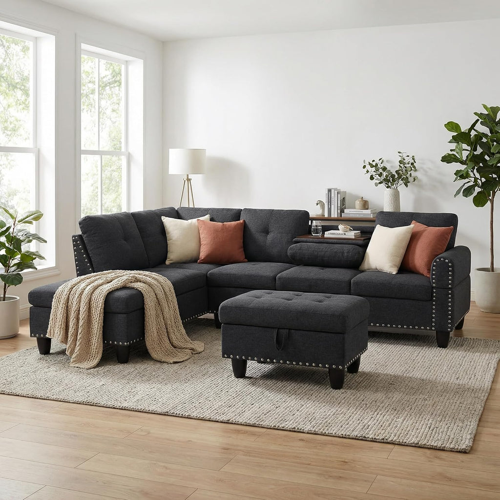 3-Piece L-Shaped Modular Sofa – Convertible Sectional Couch with Movable Chaise & Storage Ottoman, Multi-Scene Use for Living Room, Apartment & Office, Black Grey