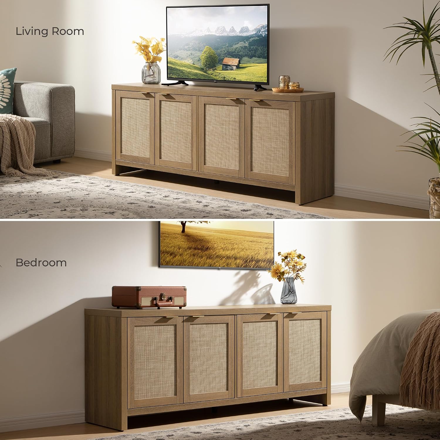 SICOTAS TV Stand for Living Room Boho Entertainment Center for Bedroom with 4 Rattan Cabinets Farmhouse Television Stands with Storage Large Media Console Table for TVs up to 65 Inch