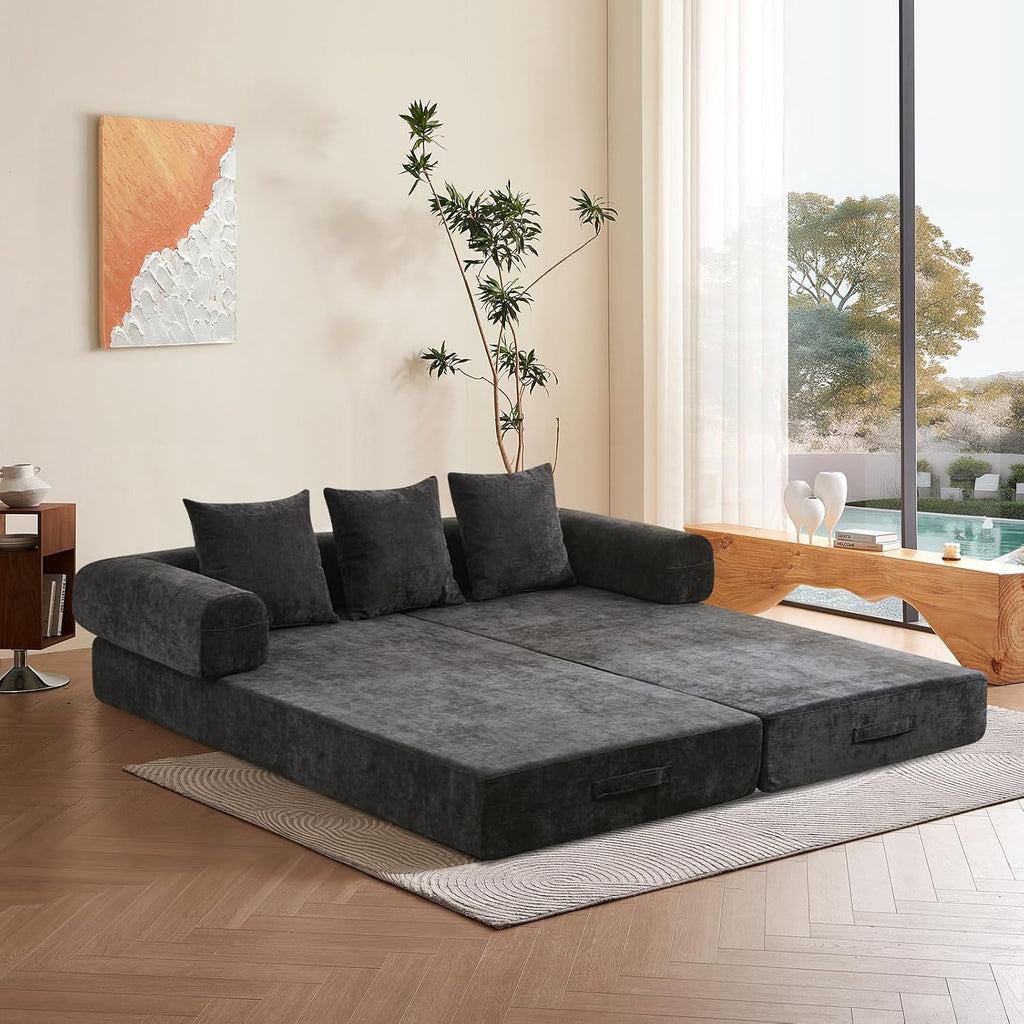 Futon Sofa Bed, Modular Convertible Folding 3 Seater Chenille Foam Floor Loveseat Sleeper Sofa Couch with 3 Pillows, No Assembly Compressed Boneless Couch, for Living Room Bedroom Guest Room, Black