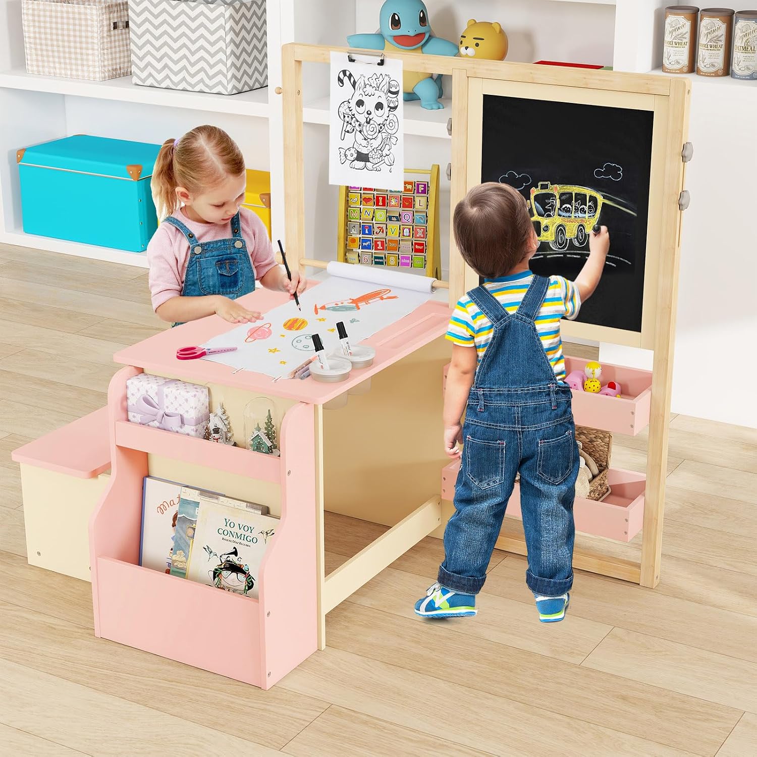 HONEY JOY Kids Art Easel, 6-in-1 Wooden Double-Sided Toddler Table & Chair Set w/Adjustable Magnetic White Board & Chalkboard, Paper Roll, Bookshelf, Storage, Toddler Easel for Kids (Pink)