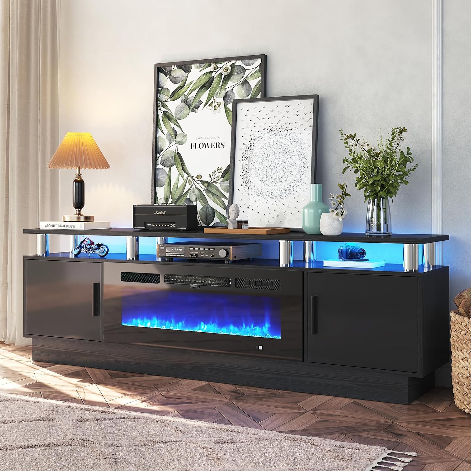 70' TV Stand for Living Room, Modern Entertainment Center & Media Console, Fits TVs up to 80', Storage Cabinet with Shelves, 36' Electric Fireplace with LED Flame (All Black)