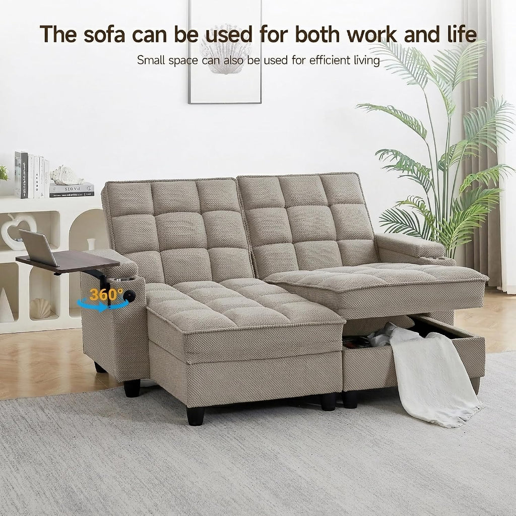 70.9' Chaise Lounge Chair Indoor, Oversized Boucle Upholstered Sofa Bed, Adjustable Backrest Deep Seat Reading Chair, Sofas Couches for Living Room with Storage, Cup Holders and 360° Swivel Side Table
