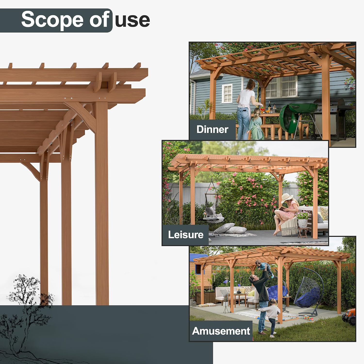 12' x 16' Outdoor Gazebo Wooden Grape pergola for Climbing Plant Support, Garden, Terrace, Backyard, Deck, Brown
