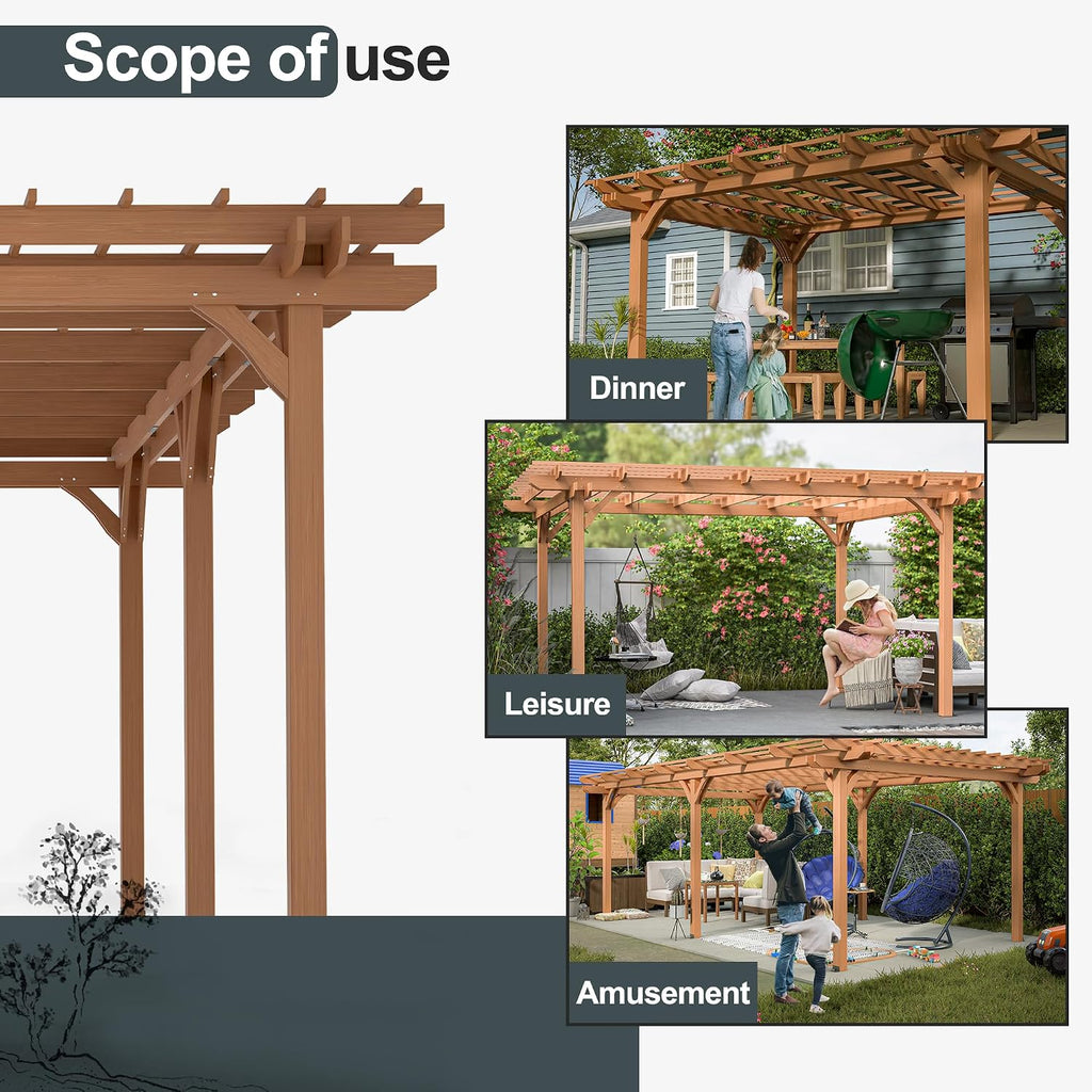 12' x 16' Outdoor Gazebo Wooden Grape pergola for Climbing Plant Support, Garden, Terrace, Backyard, Deck, Brown