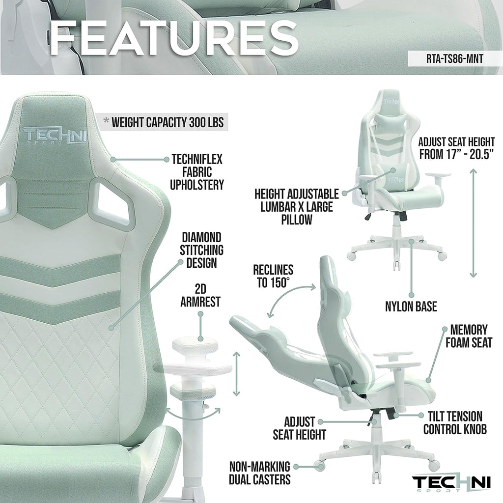 Ergonomic Office Gaming Chairs for Adults 400 Lb, High-Back Computer Desk Chair with 2D Armrests, 150° Swivel, Lumbar Support,Comfy Reclining Cute Chair for Home Computer, for Small Spaces,Mint