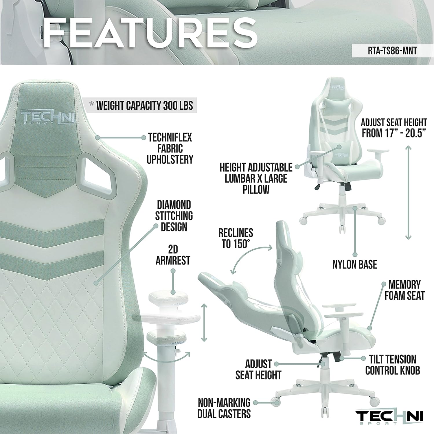 400 Lb Ergonomic High-Back Gaming Chairs for Adults,Computer Office Swivel Desk Chair with Armrests,150° Recline,Lumbar Support,Reclining Cute Comfy Chair for Home,Small Spaces Furniture,Mint