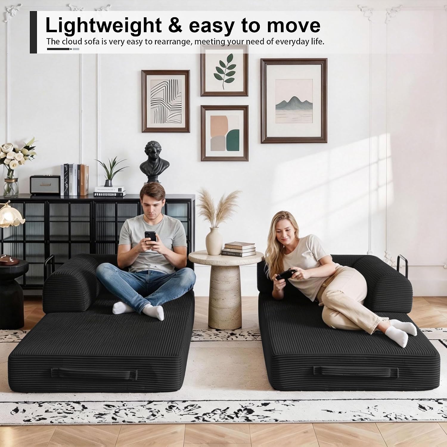 JJJ 78 inch Sofa Bed 4-in-1 Boneless Convertible Corduroy Sleeper Folding Couch with Fixed-Shape Frame and 2 Futons No Assemble Required 3 Seater Upholstered for Living Room (Black, 78 inch)