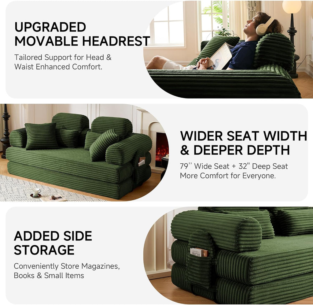 79' Sofa Bed, Deep Seat 32' Sleeper Sofa, 5-in-1 Convertible Sofa Bed, Boneless Couch in a Box, Corduroy Floor Futon with Thickened backrest and Headrest Pillows, Side Pockets, Dark Green