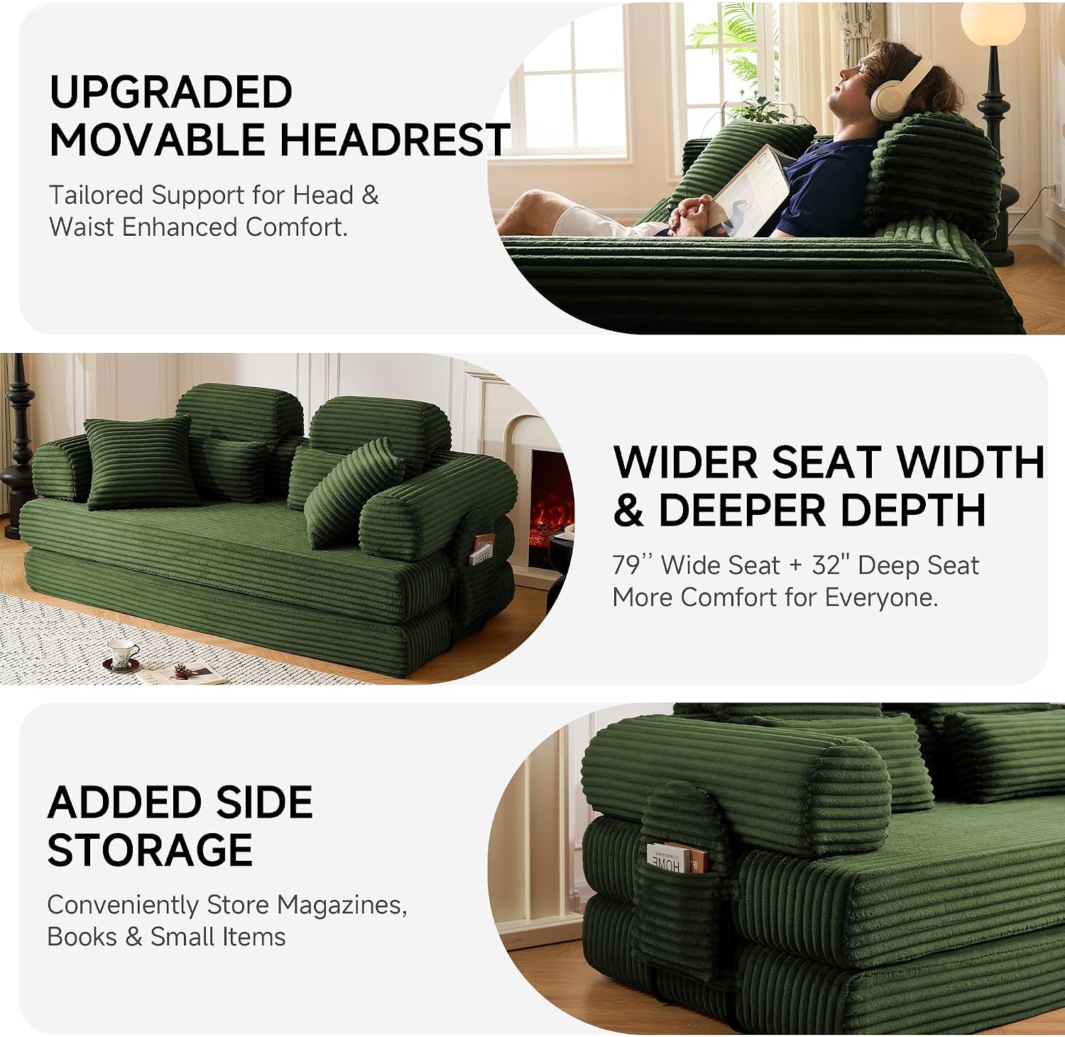 79' Sofa Bed, Deep Seat 32' Sleeper Sofa, 5-in-1 Convertible Sofa Bed, Boneless Couch in a Box, Corduroy Floor Futon with Thickened backrest and Headrest Pillows, Side Pockets, Dark Green