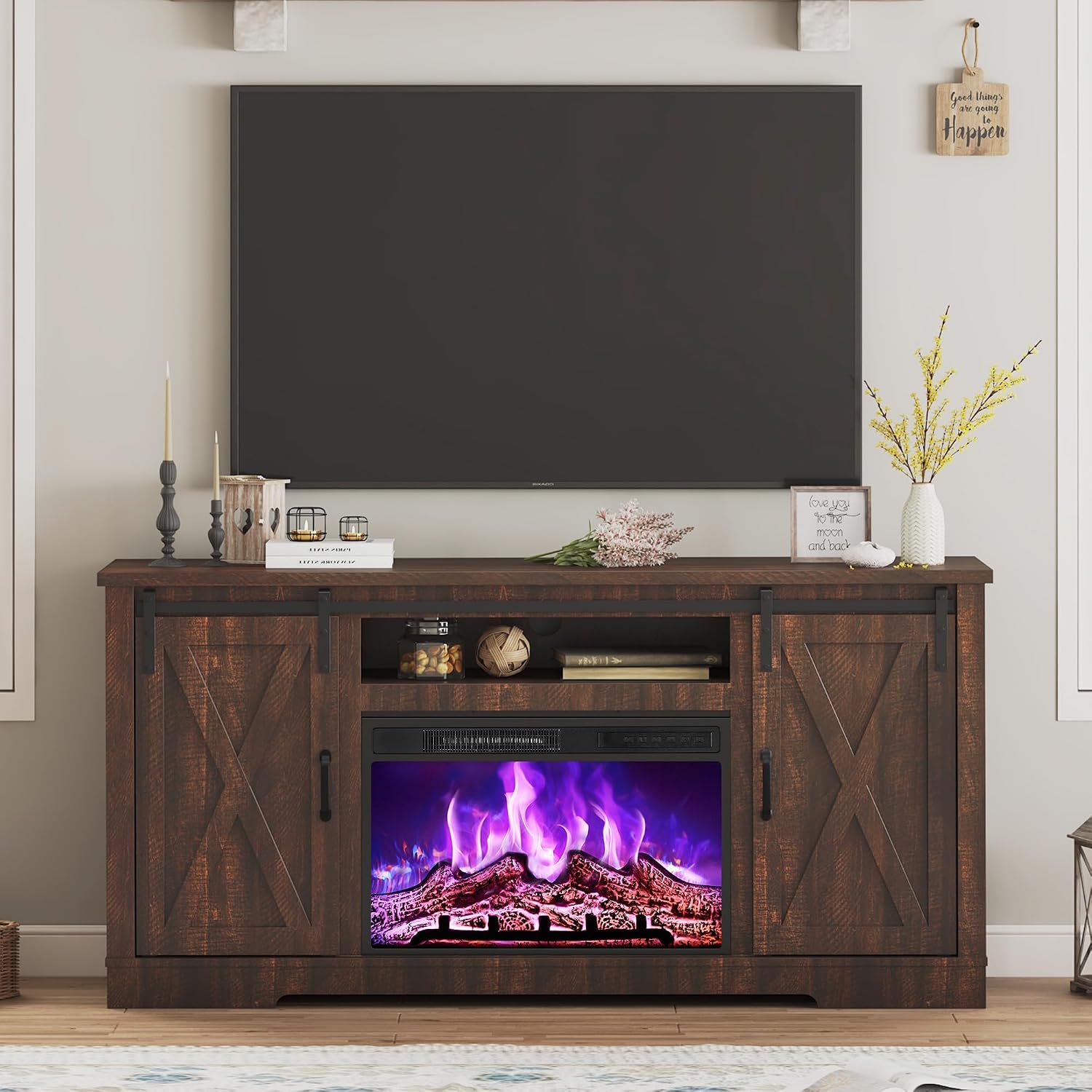 AMERLIFE Fireplace TV Stand with Sliding Barn Door for TVs up to 73', Farmhouse 63' Fireplace Entertainment Center with Storage Cabinets/Adjustable Shelves, Reclaimed Barnwood
