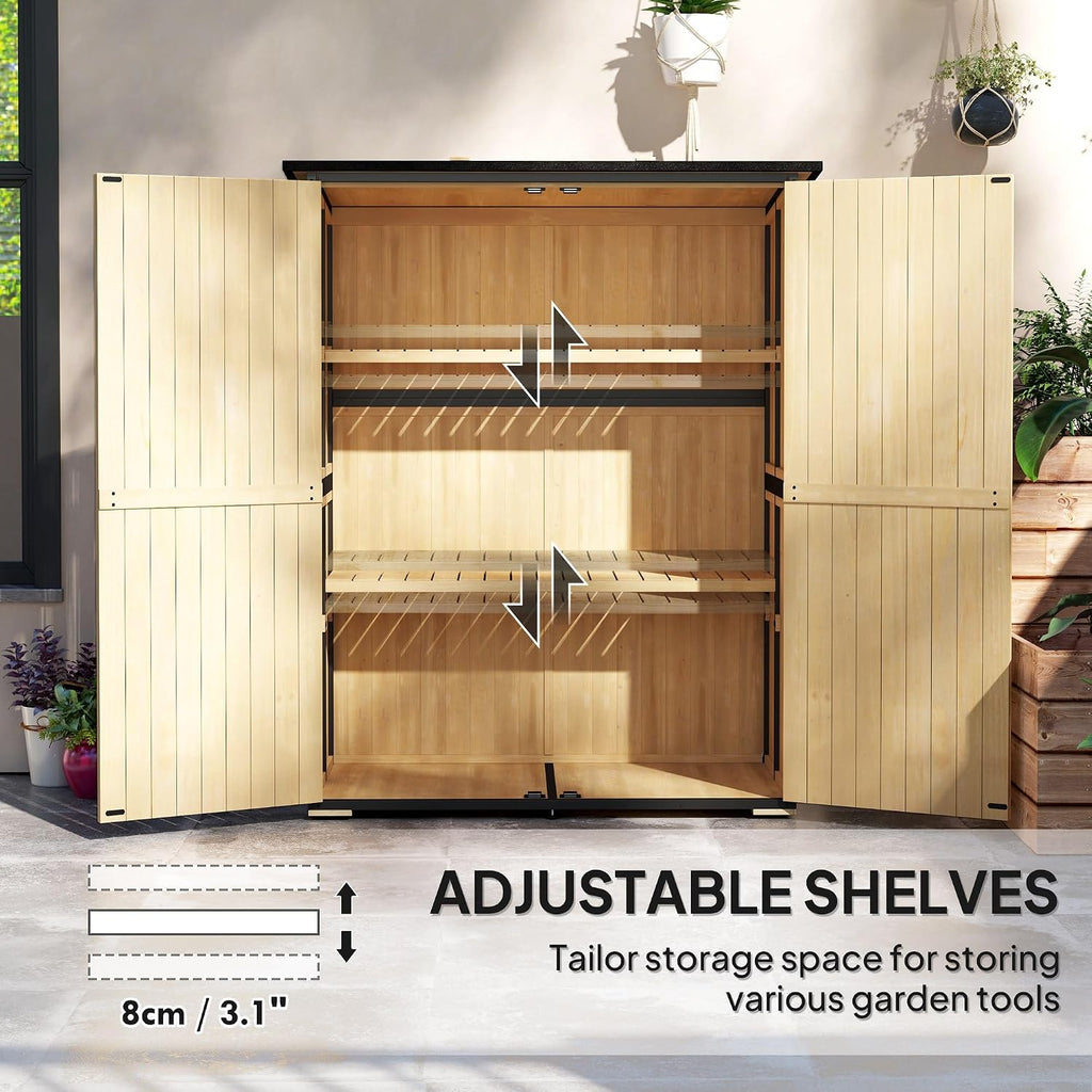 Outsunny Outdoor Storage Cabinet, Wood Garden Tool Shed with Steel Frame and Asphalt Roof, Garden Storage Shed with 2 Shelves, Lockable Doors and Adjustable Feet for Patio Backyard Lawn, Natural