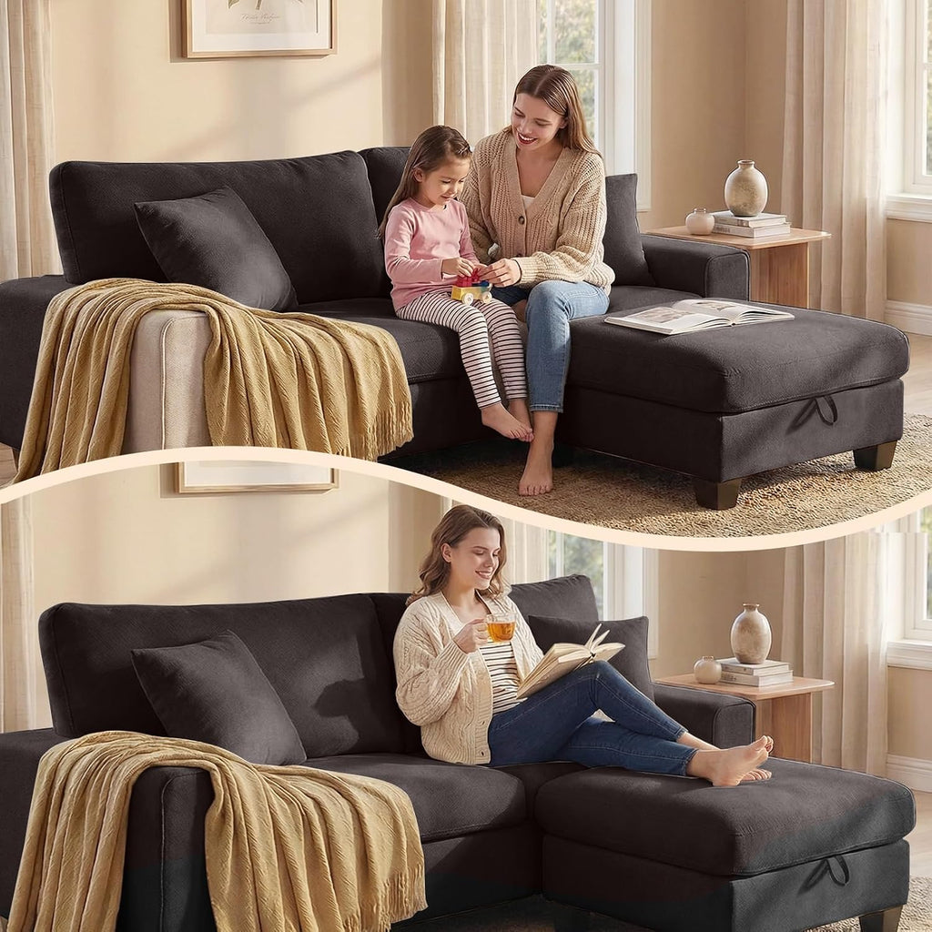 DOPEDIO L-Shaped Sectional Sofa with Storage Ottoman, Modern Chenille Recliner Loveseat, Removable Couch Covers, Pocket Spring Cushions, Solid Wood Frame, Easy to Install (88.58inch, Dark Grey)