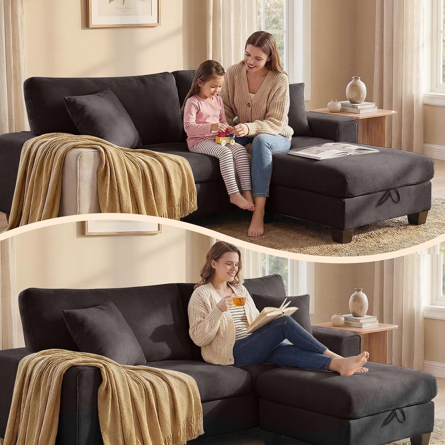 DOPEDIO L-Shaped Sectional Sofa with Storage Ottoman, Modern Chenille Recliner Loveseat, Removable Couch Covers, Pocket Spring Cushions, Solid Wood Frame, Easy to Install (88.58inch, Dark Grey)