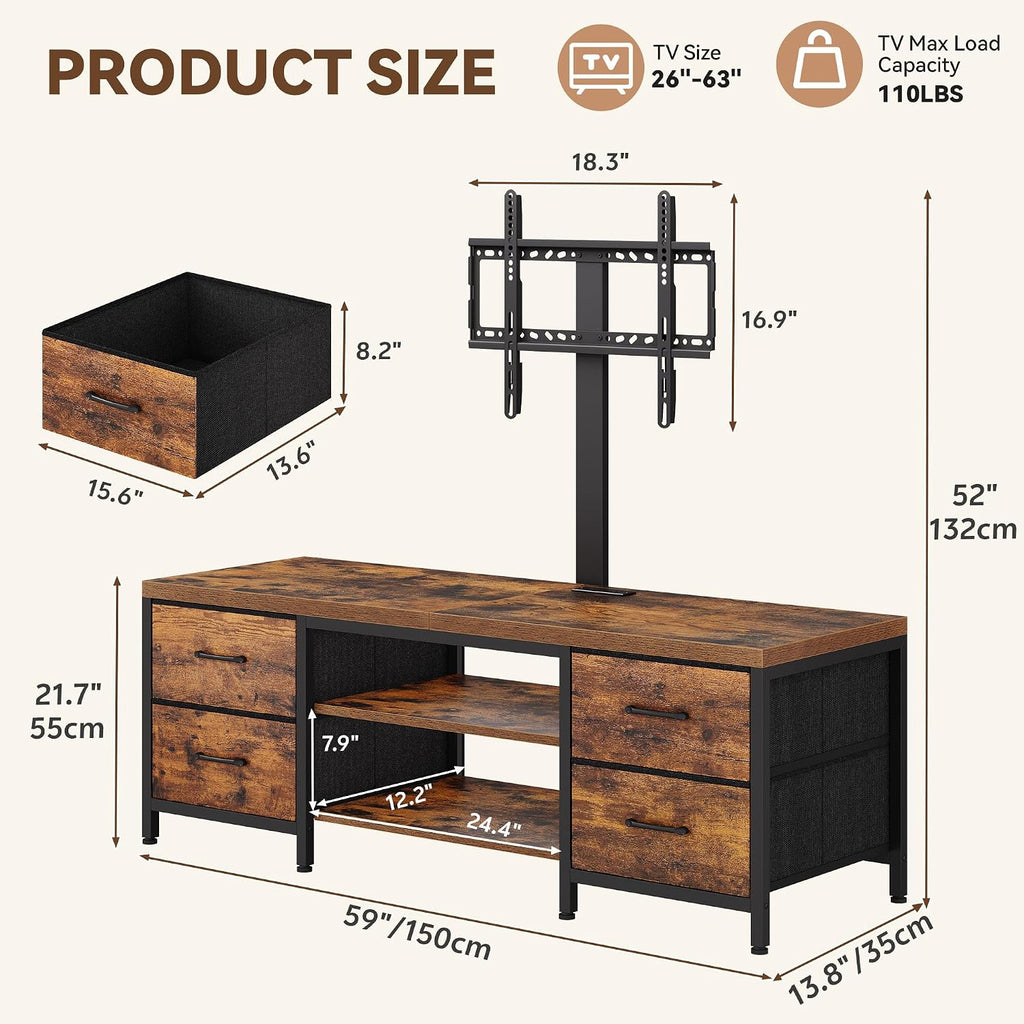 LED TV Stand for Living Room, with Mount, Power Outlet and Fabric Drawers, Entertainment Center w/Height Adjustable TV Mount for 26''-63'' TVs, Industrial Media Console w/Open Storage Shelves