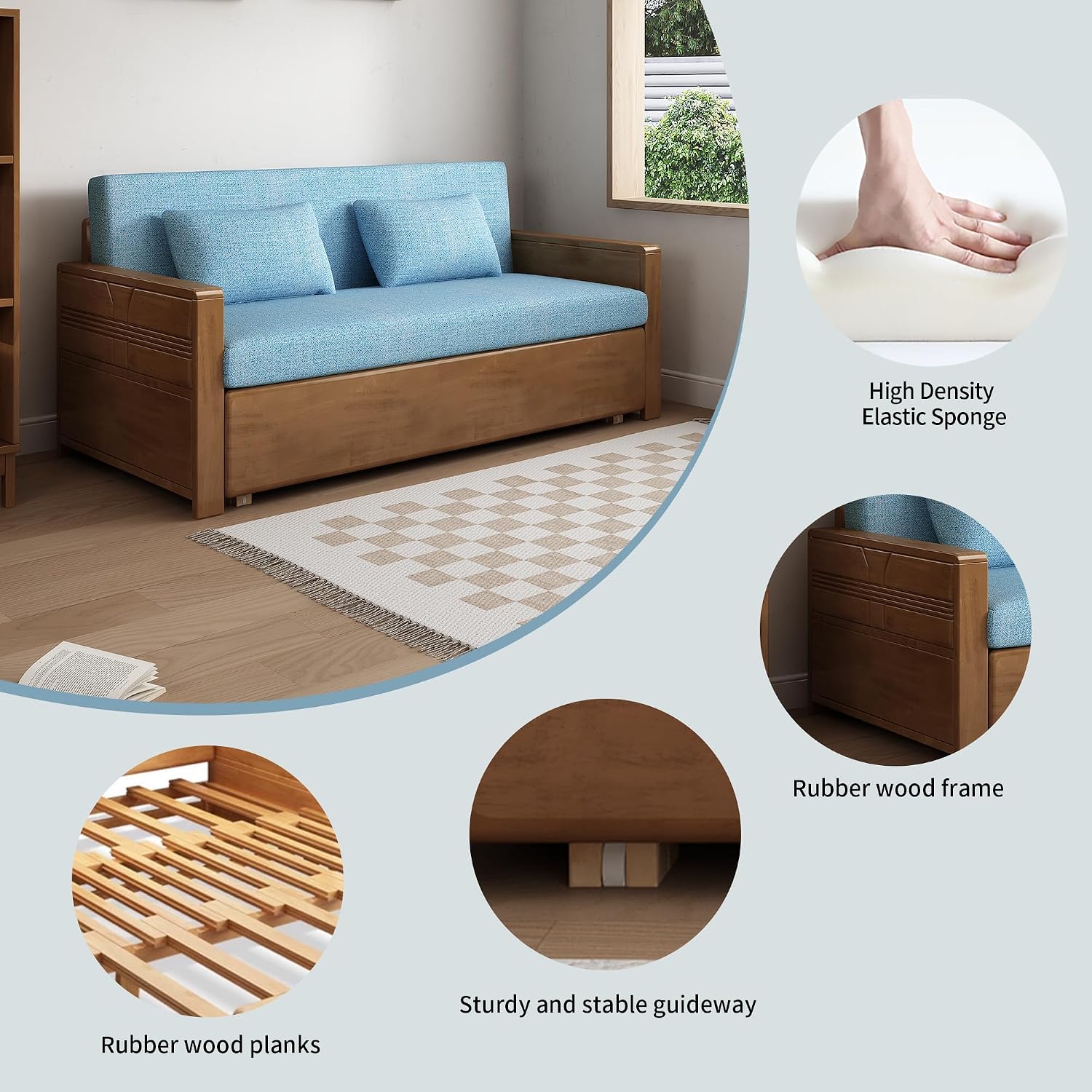 59' Convertible Sofa Sleeper,Blue Soft Cushion sectional Sleeper Couch with Reversible Chaise,solidwood Bed 3 in 1 Pull Out Couch,Walnut Color Sofa for livingroom,Apartment,Bedroom,Office